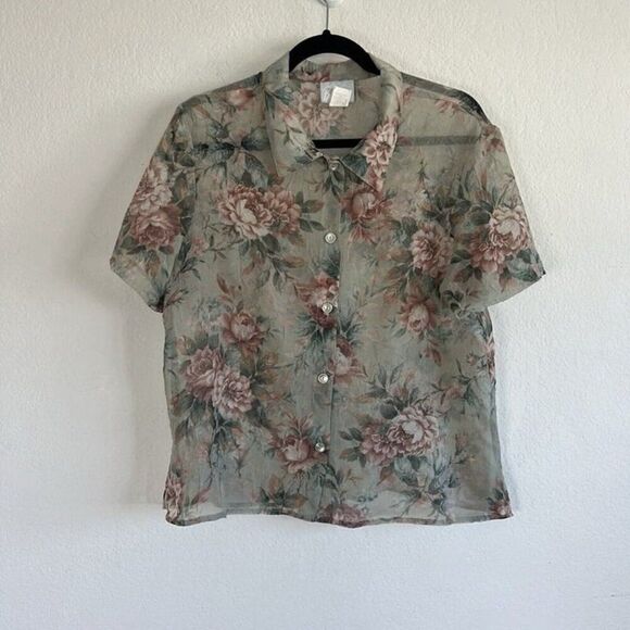 Blair Vintage 90s Women’s Semi Sheer Green Floral Button Front Blouse Size 16P - Picture 1 of 10